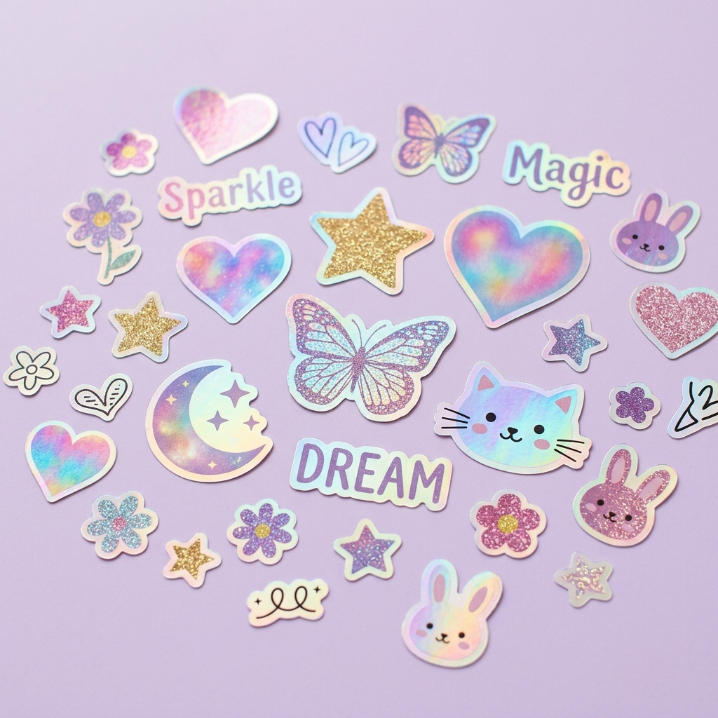 Colección de stickers holográficos, blanco frío y comunes — Papelería creativa Zona Sur